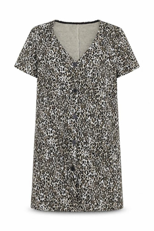 Mango Womens Brown Animal Print Polyester T-Shirt Dress Size S V-Neck Button