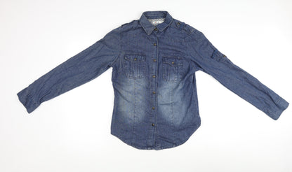 Additional front view of Denim & Co. women’s blue cotton basic button-up, size UK 10, v-neck