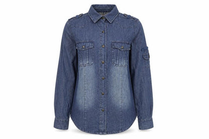 Front view of Denim & Co. women’s blue cotton basic button-up, size UK 10, v-neck
