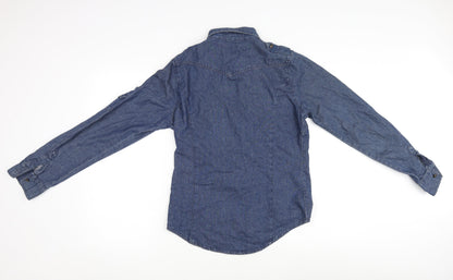 Back view of Denim & Co. women’s blue cotton basic button-up, size UK 10, v-neck