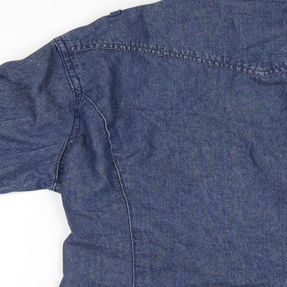 Brand and care label for Denim & Co. women’s blue cotton basic button-up, size UK 10, v-neck