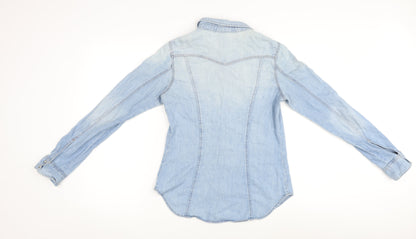 H&M Womens Blue 100% Cotton Basic Button-Up Size 8 V-Neck