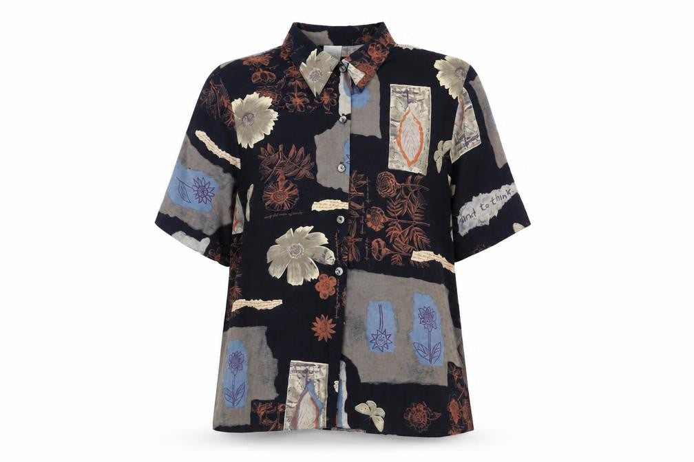 Canda Womens Blue Floral Viscose Basic Button-Up Size 16 Collared