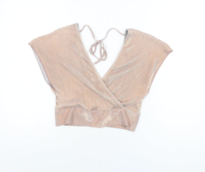 Additional front view of Miss Selfridge women’s pink polyester cropped blouse, size UK 10, v-neck