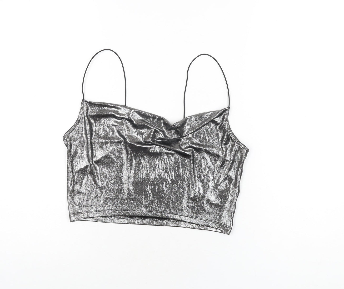 H&M Womens Silver Polyester Cropped T-Shirt Size S Cowl Neck