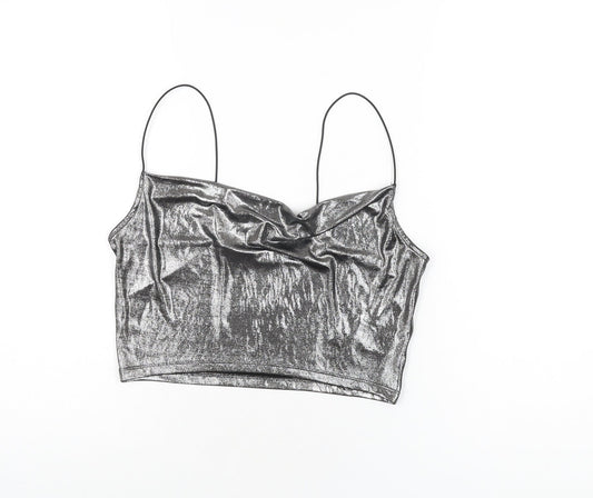 H&M Womens Silver Polyester Cropped T-Shirt Size S Cowl Neck