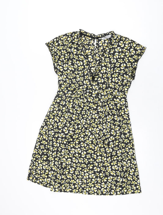 Zara Womens Black Floral Polyester Skater Dress Size XS V-Neck Button