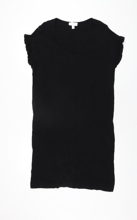 The White Company Womens Black Cotton T-Shirt Dress Size 4 V-Neck Pullover
