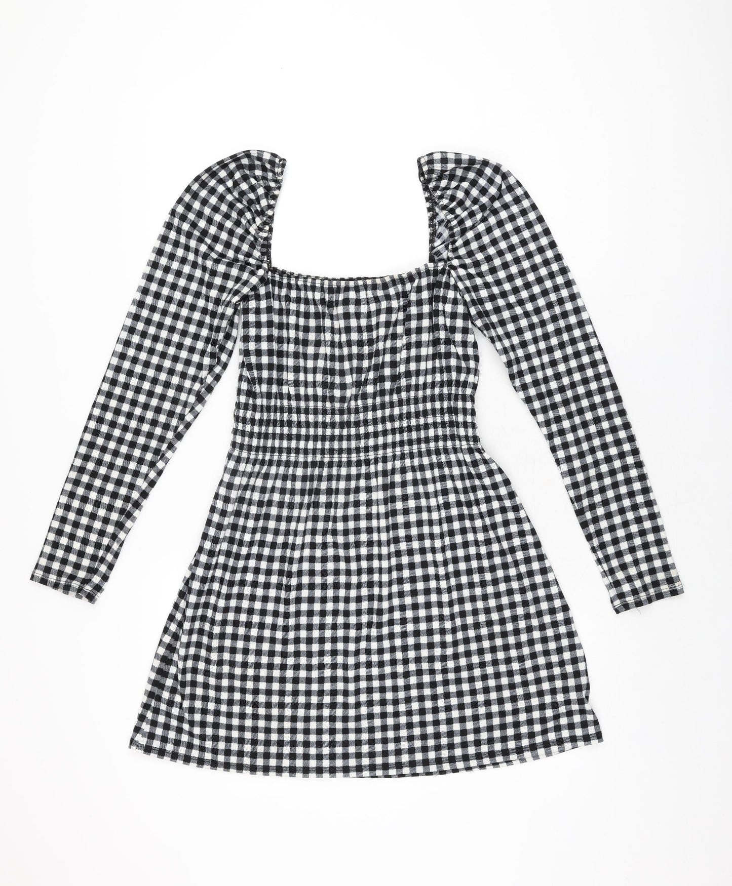 H&M Womens Black Gingham Polyester Mini Size S Square Neck Pullover