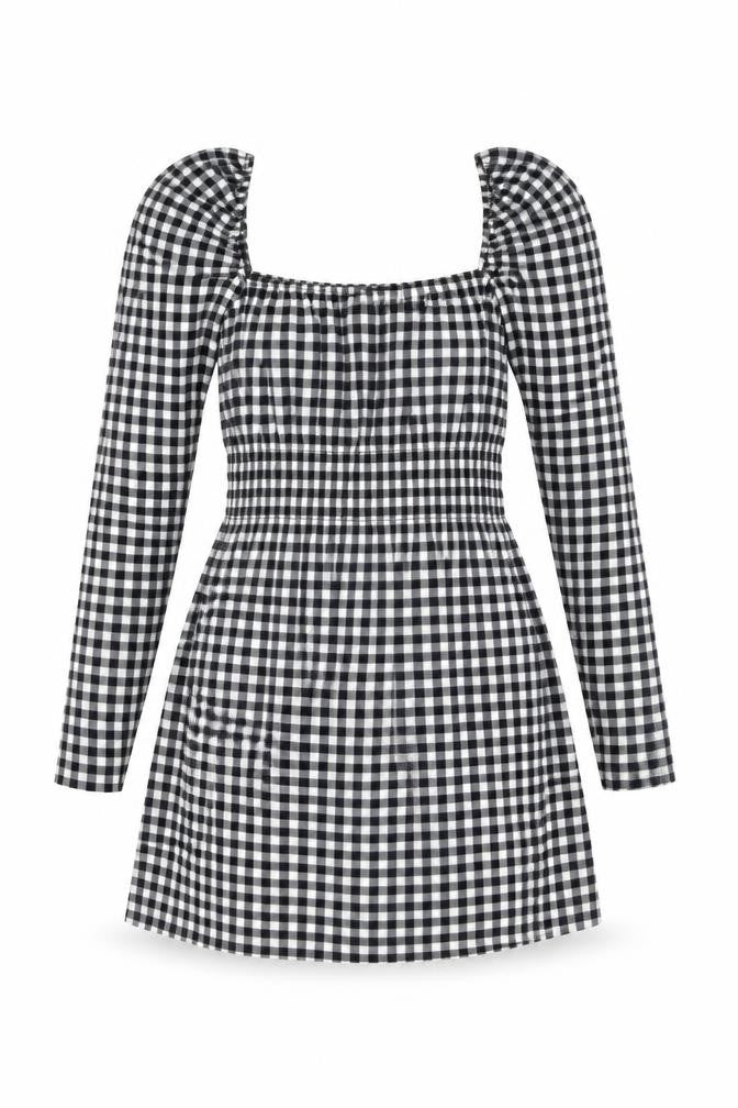 H&M Womens Black Gingham Polyester Mini Size S Square Neck Pullover