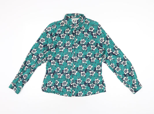 EAST Womens Green Floral Cotton Basic Button-Up Size 12 Collared