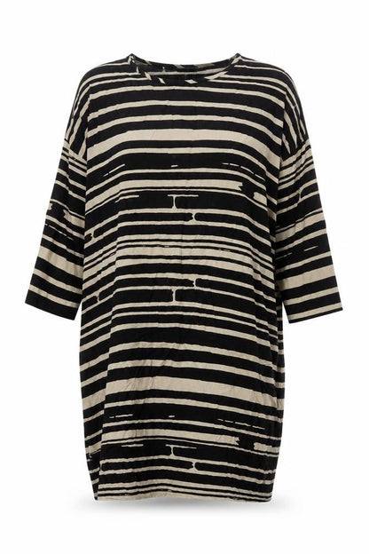 Front view of Masai women’s black striped viscose shift, size S, round neck pullover