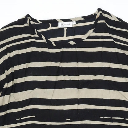 Close-up detail of Masai women’s black striped viscose shift, size S, round neck pullover
