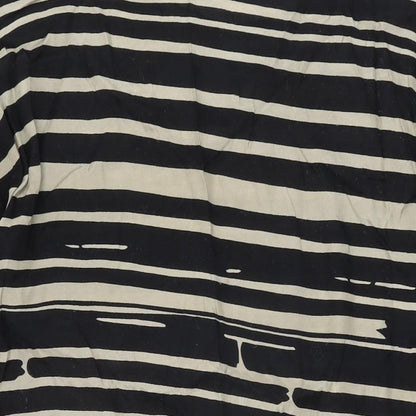 Brand and care label for Masai women’s black striped viscose shift, size S, round neck pullover