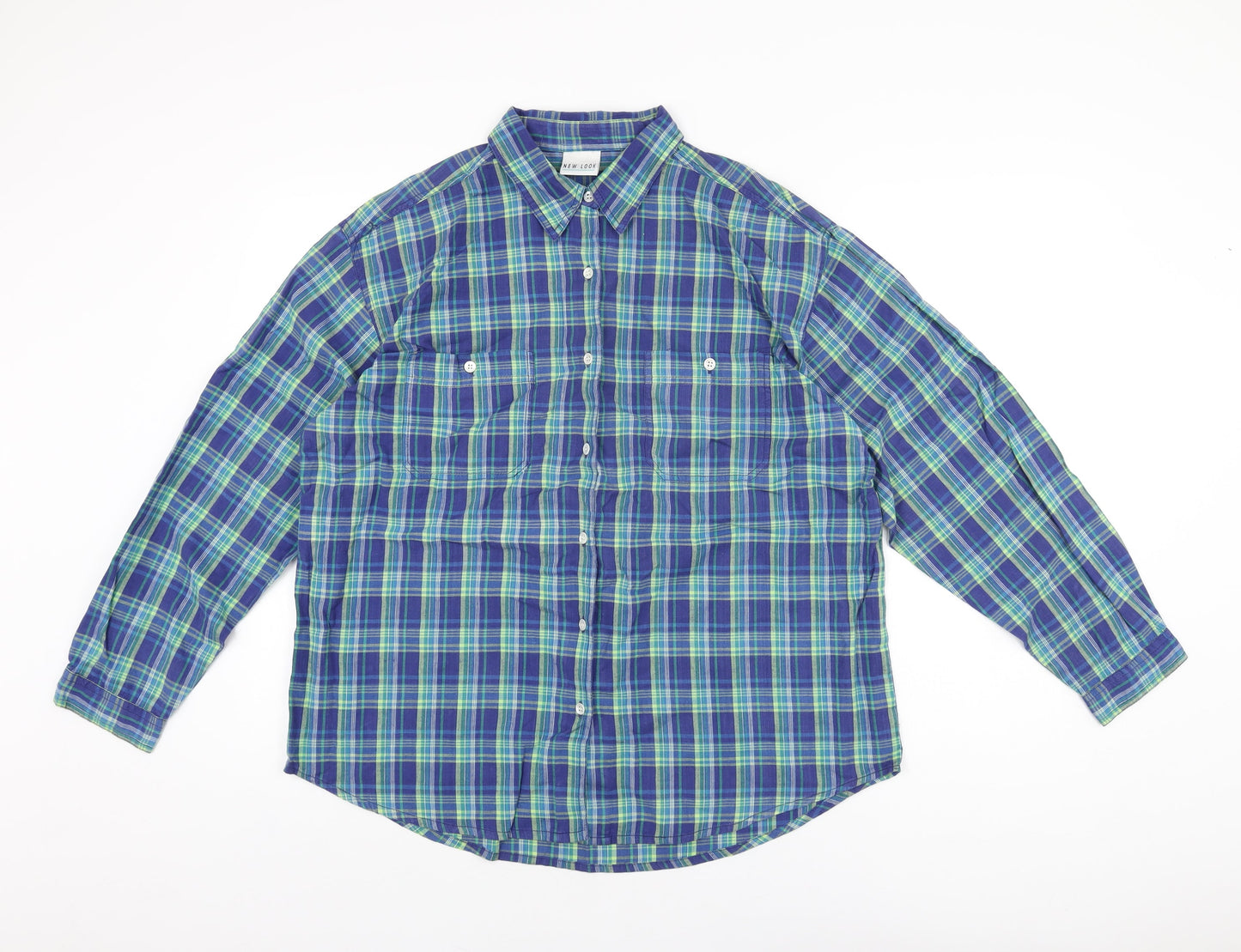 New Look Mens Blue Plaid Polyester Button-Up Size L Collared Button