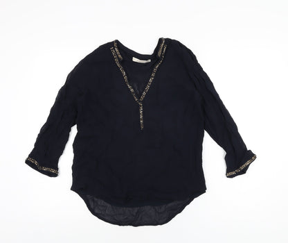 Zara Womens Blue Polyester Basic Blouse Size M V-Neck