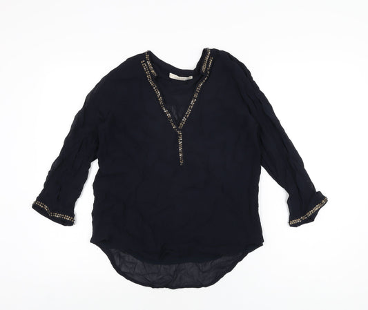Zara Womens Blue Polyester Basic Blouse Size M V-Neck