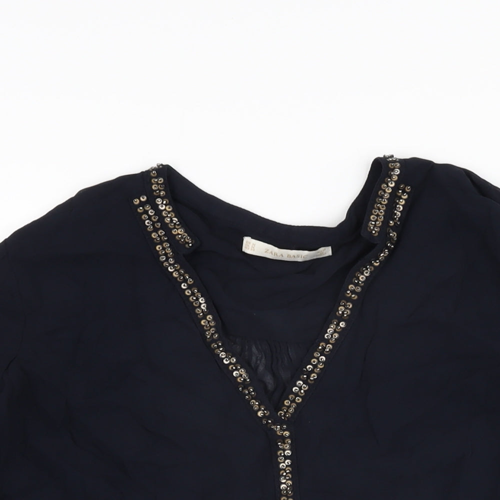 Zara Womens Blue Polyester Basic Blouse Size M V-Neck