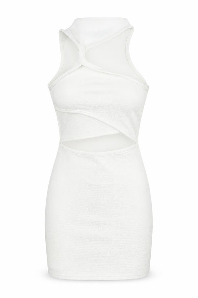 PRETTYLITTLETHING Womens White Polyester Bodycon Size 10 Mock Neck Pullover - Cut Out Twist Front