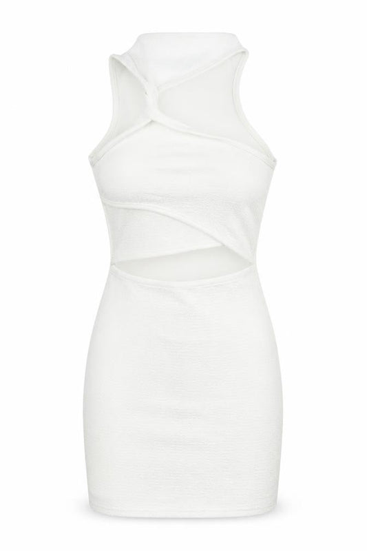 PRETTYLITTLETHING Womens White Polyester Bodycon Size 10 Mock Neck Pullover - Cut Out Twist Front