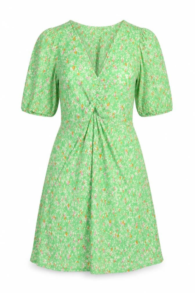 Mago Womens Green Floral Polyester A-Line Size S V-Neck Pullover