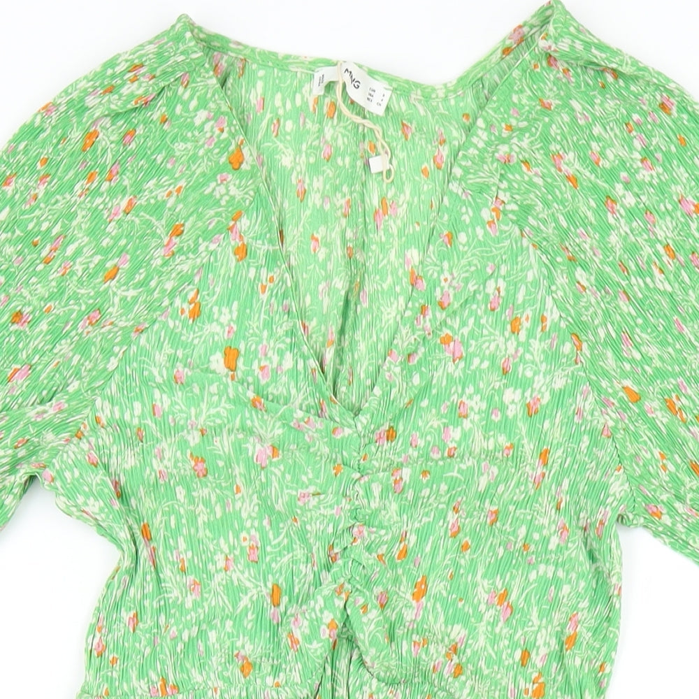 Mago Womens Green Floral Polyester A-Line Size S V-Neck Pullover