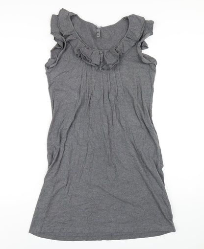 Next Womens Grey Cotton A-Line Size 12 Scoop Neck Pullover - Ruffle Neckline