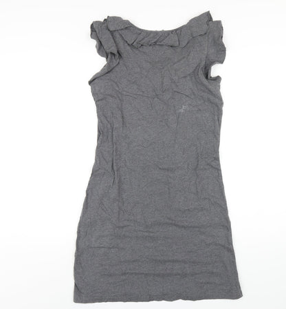 Next Womens Grey Cotton A-Line Size 12 Scoop Neck Pullover - Ruffle Neckline