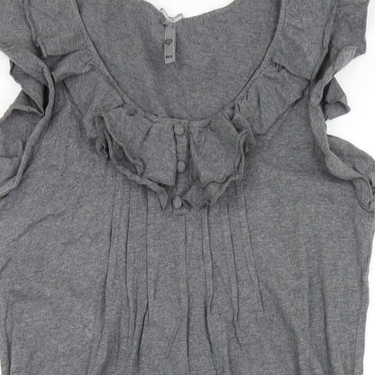 Next Womens Grey Cotton A-Line Size 12 Scoop Neck Pullover - Ruffle Neckline