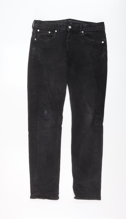 Additional front view of Easy men’s black cotton straight jeans, size 32, in, 30-inch leg regular button