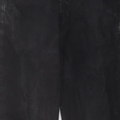 Close-up detail of Easy men’s black cotton straight jeans, size 32, in, 30-inch leg regular button