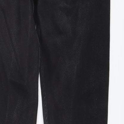 Brand and care label for Easy men’s black cotton straight jeans, size 32, in, 30-inch leg regular button