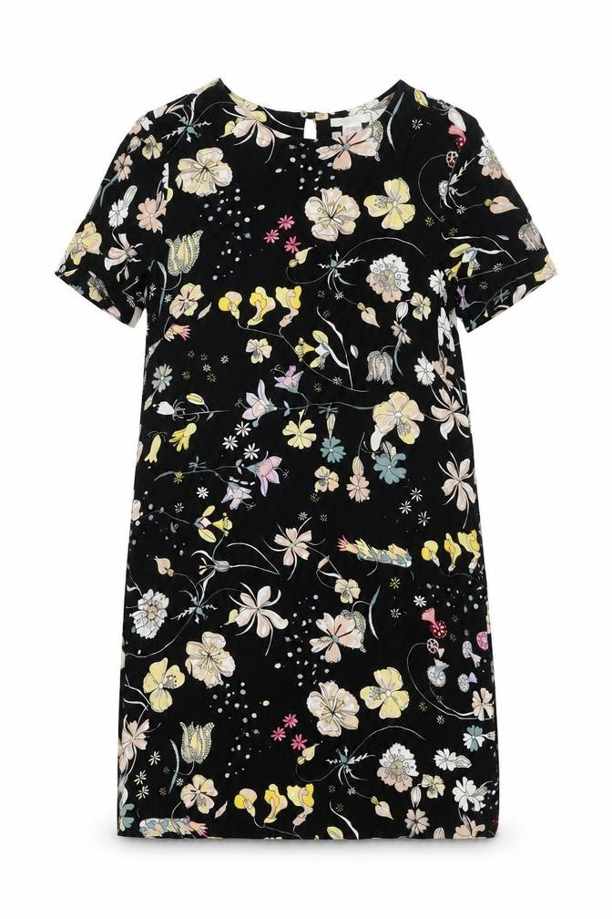 H&M Womens Black Geometric Viscose Shift Size 8 Round Neck Button - Floral Print