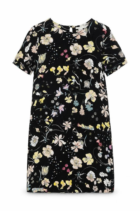 H&M Womens Black Geometric Viscose Shift Size 8 Round Neck Button - Floral Print