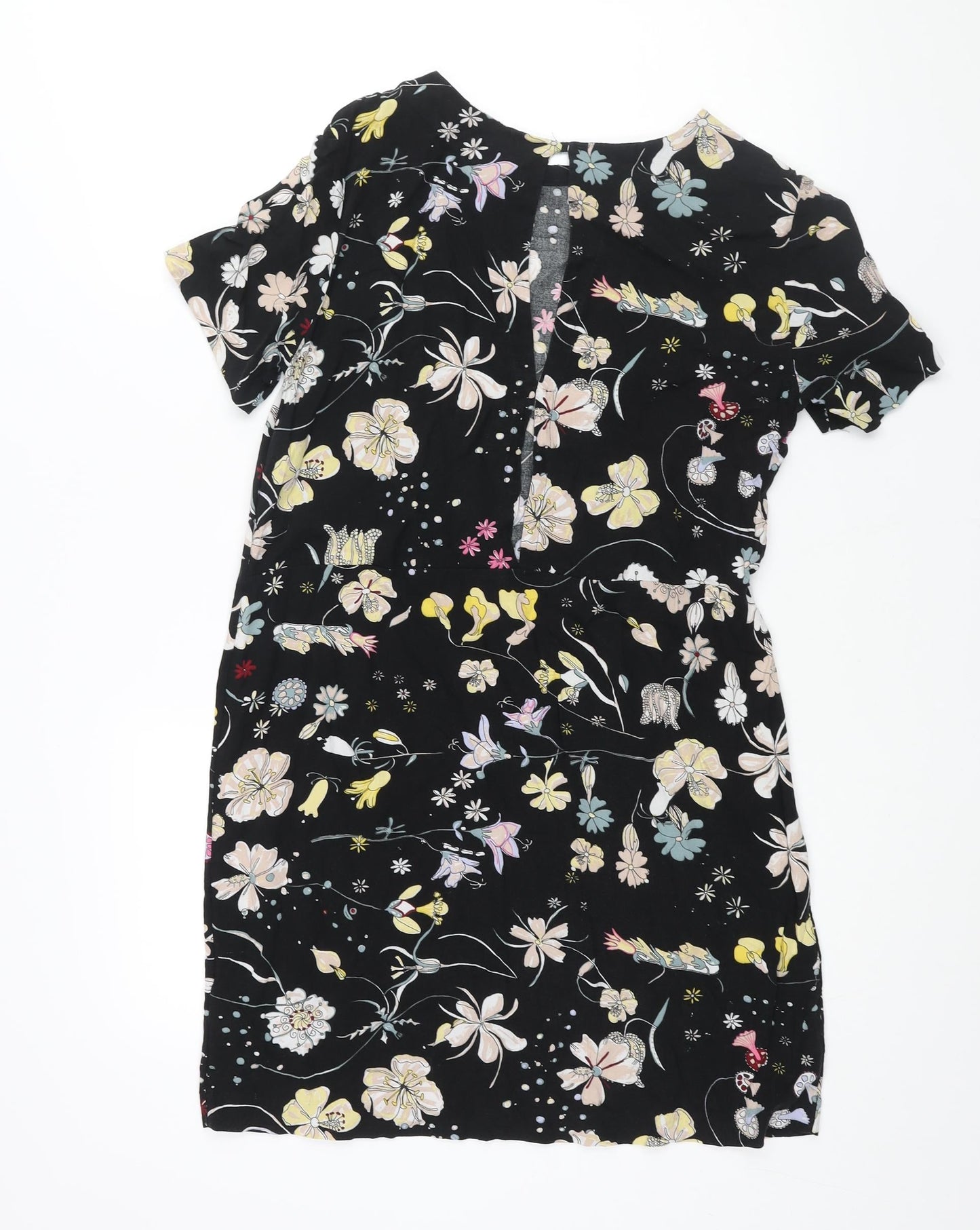 H&M Womens Black Geometric Viscose Shift Size 8 Round Neck Button - Floral Print