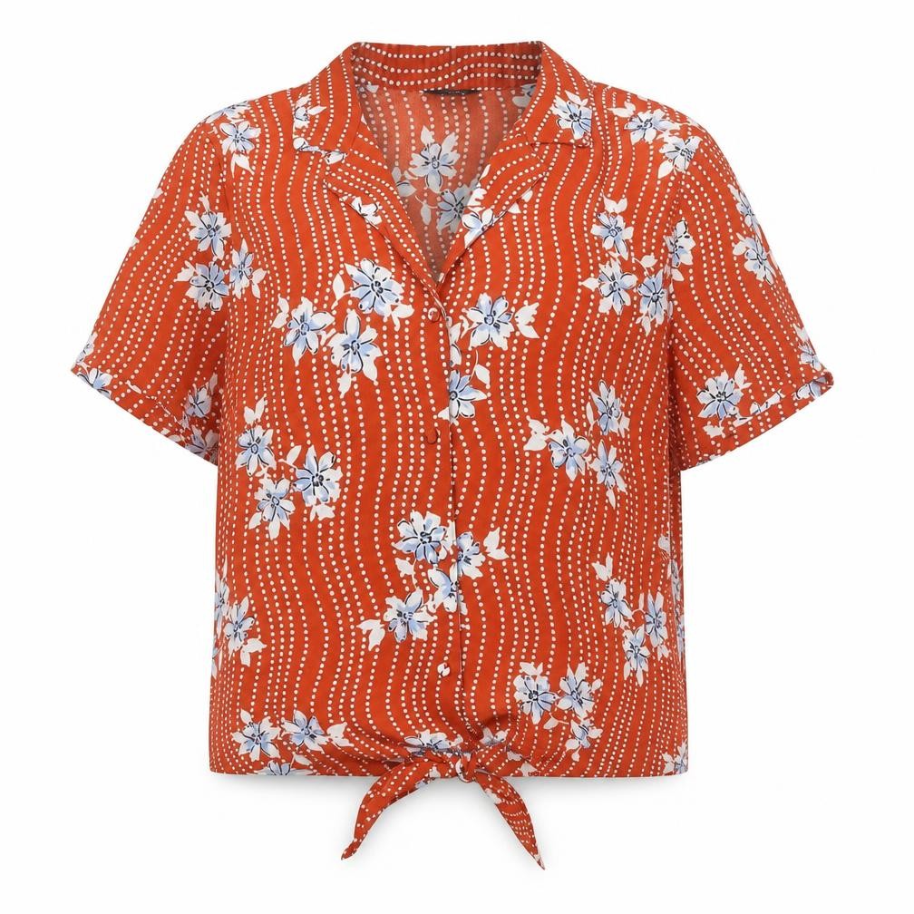 M&Co Womens Orange Geometric Polyester Basic Button-Up Size 12 Collared - Tie Detail Floral Print