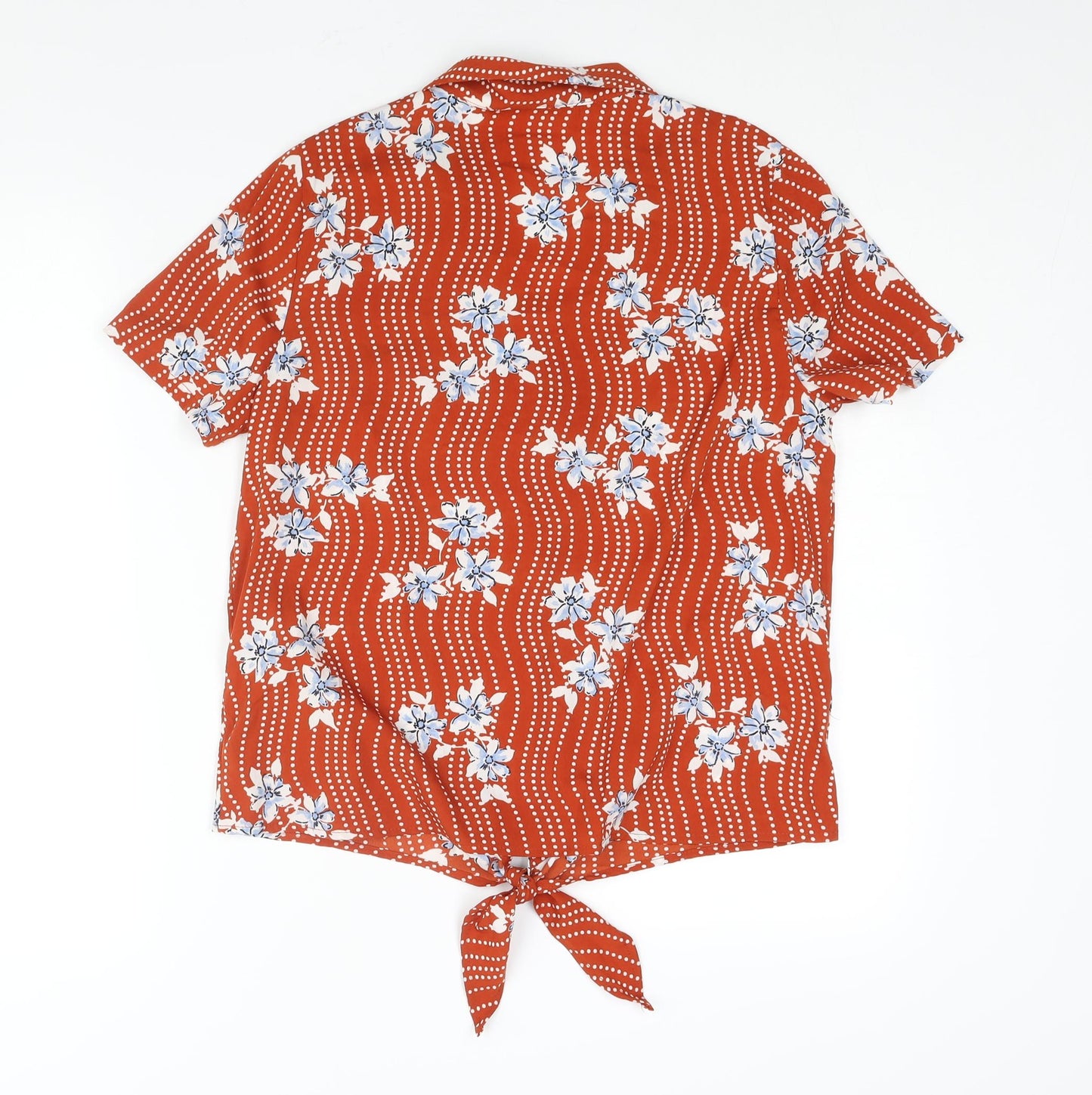 M&Co Womens Orange Geometric Polyester Basic Button-Up Size 12 Collared - Tie Detail Floral Print