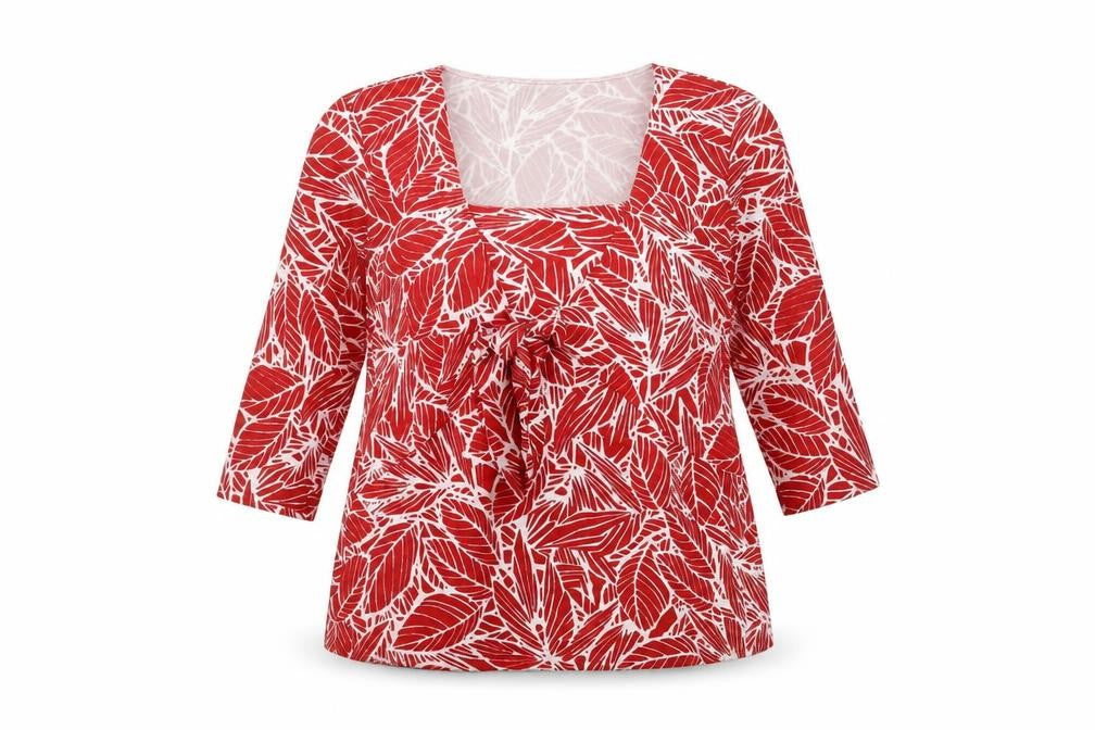Bonmarché Womens Red Geometric Polyester Basic Blouse Size L Square Neck - Layered Tie Leaf Print