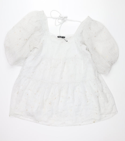 Nasty Gal Womens White Geometric Polyester A-Line Size 12 Square Neck Tie - Puff Sleeve Star Print Smocked