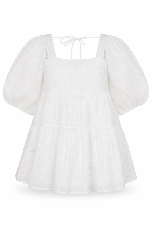 Nasty Gal Womens White Geometric Polyester A-Line Size 12 Square Neck Tie - Puff Sleeve Star Print Smocked