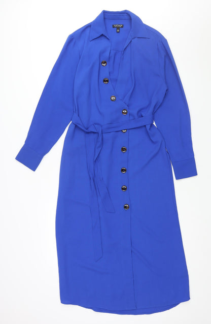 Preloved Topshop Womens Black Polyester Shirt Dress Size 10 Collared Button - Belted - Front