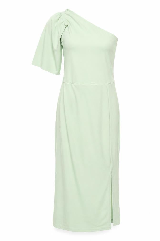 PRETTYLITTLETHING Womens Green Polyester Pencil Dress Size 4 One Shoulder Pullover - Front Slit