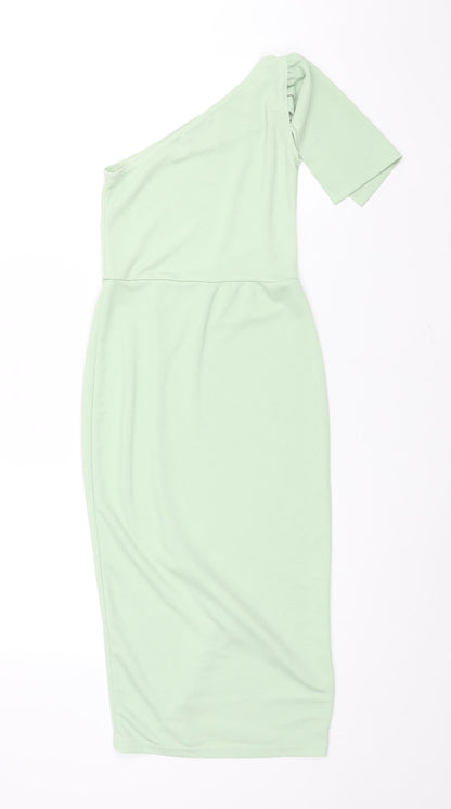 PRETTYLITTLETHING Womens Green Polyester Pencil Dress Size 4 One Shoulder Pullover - Front Slit