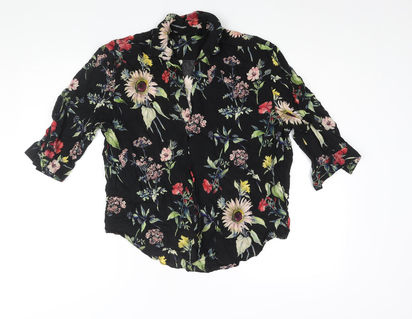 Zara Womens Black Floral Viscose Basic Button-Up Size S Collared