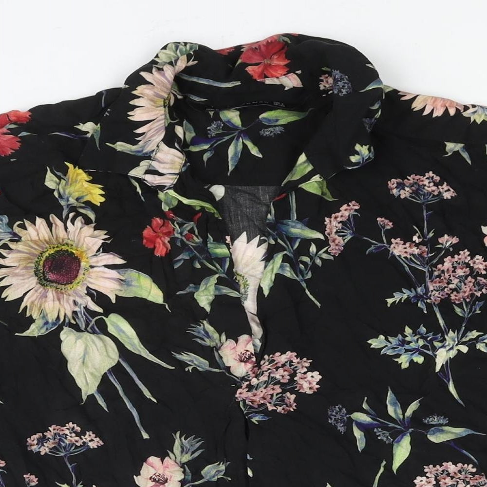 Zara Womens Black Floral Viscose Basic Button-Up Size S Collared