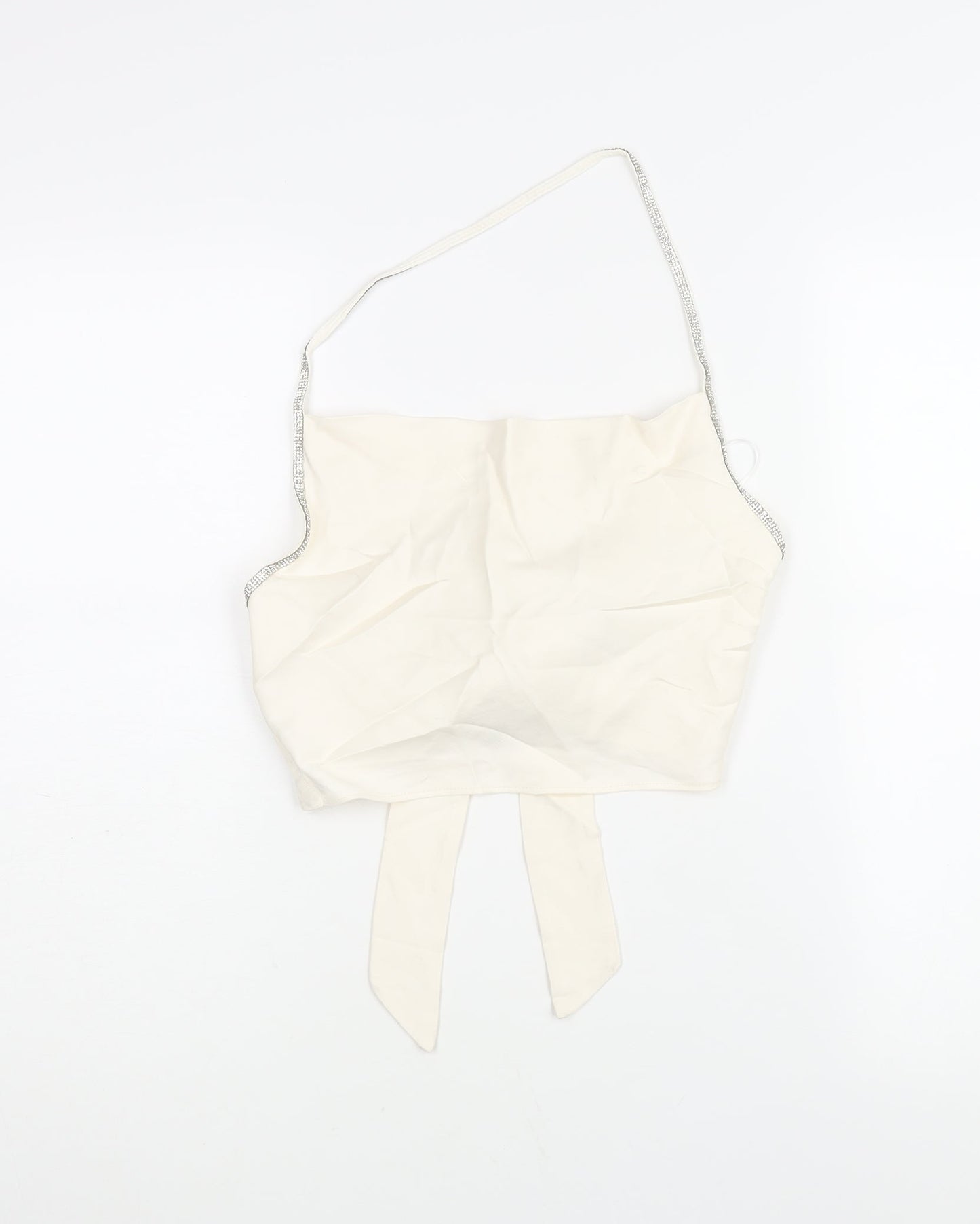 Zara Womens Ivory Viscose Cropped Blouse Size S Halter - Rhinestone Trim Backless