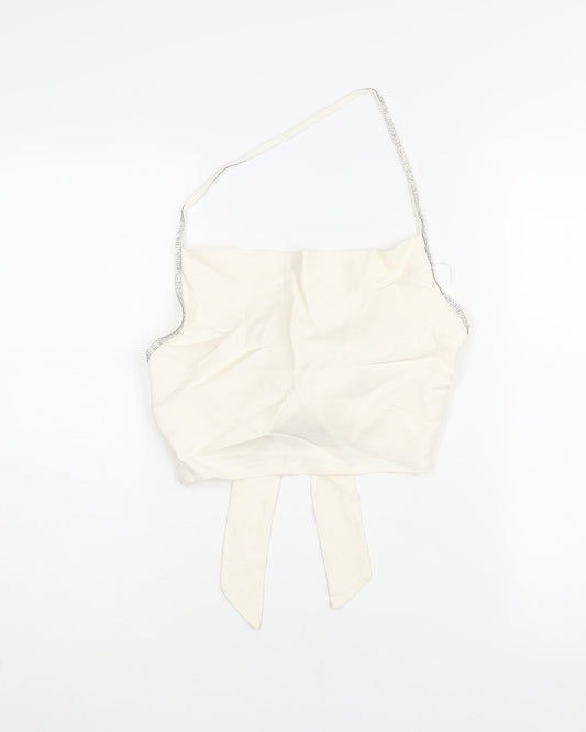 Zara Womens Ivory Viscose Cropped Blouse Size S Halter - Rhinestone Trim Backless