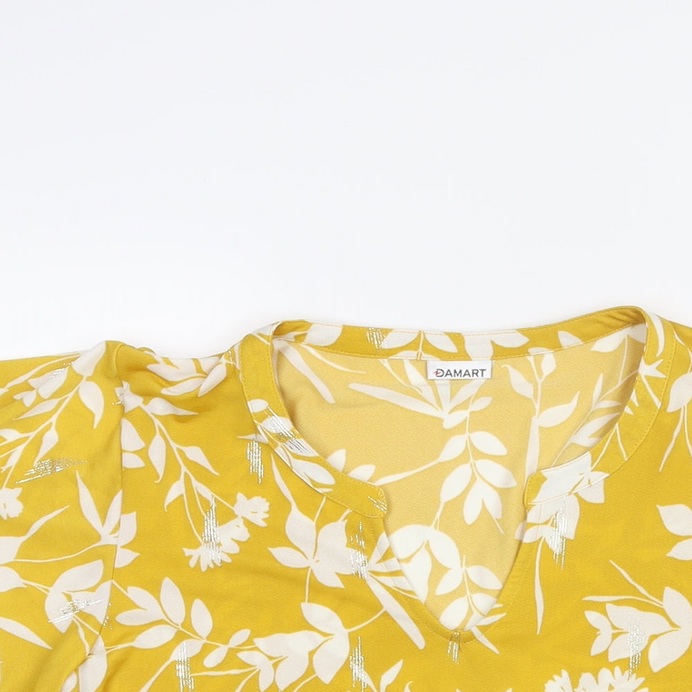 Damart Womens Yellow Floral Polyester Basic Blouse Size 10 V-Neck - Size 10-12