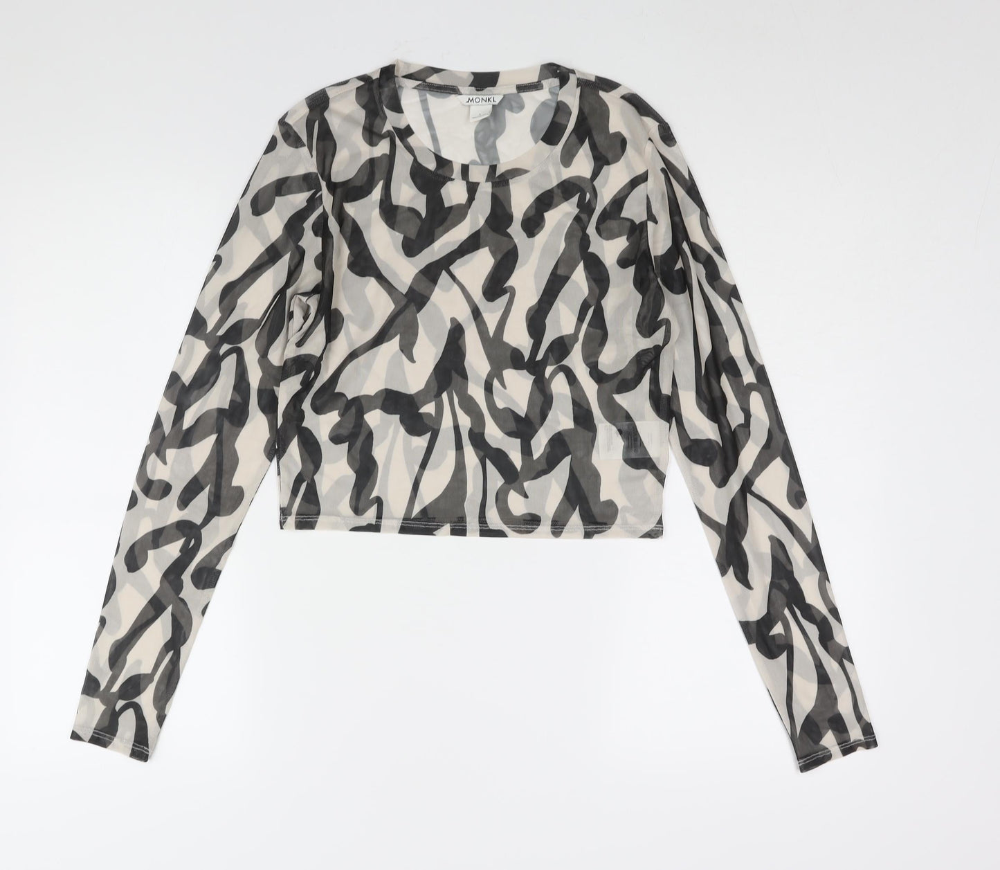 Monki Womens Black Geometric Polyester Cropped Blouse Size L Round Neck - Semi Sheer