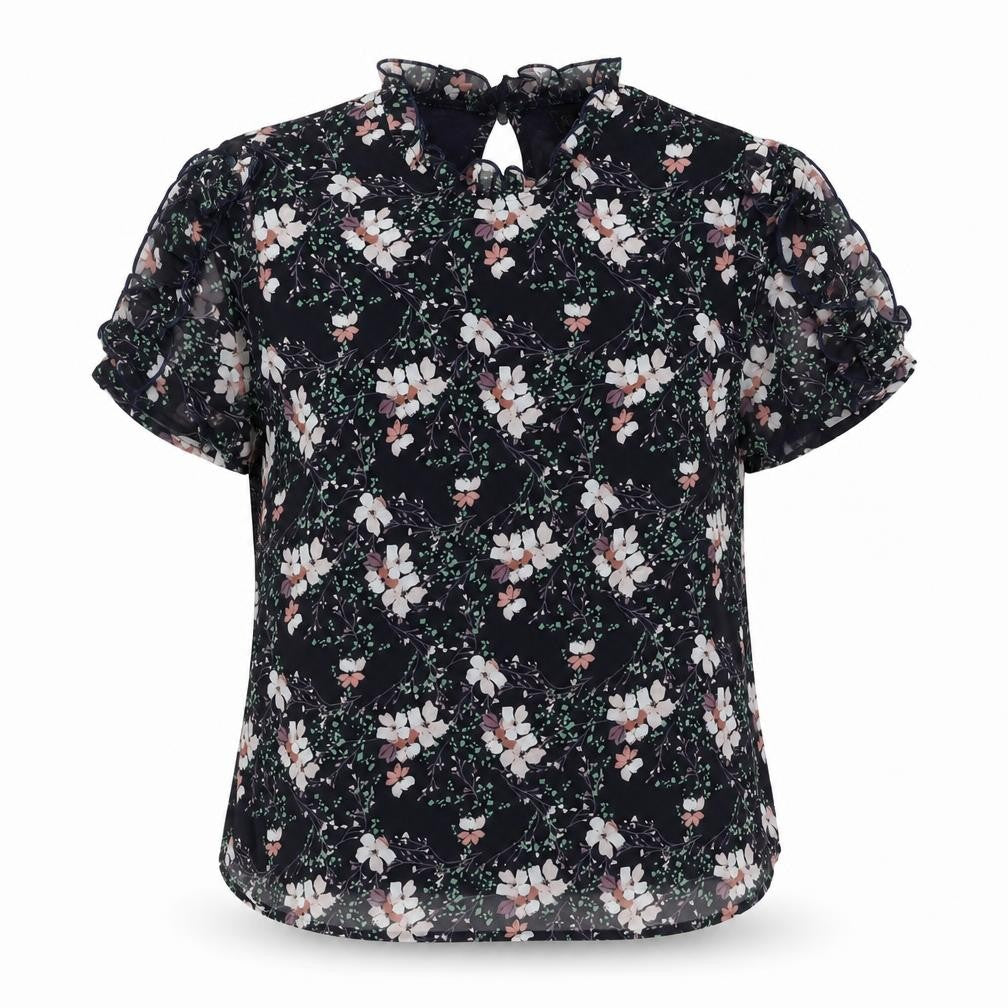 Allegra K Womens Blue Floral Polyester Basic Blouse Size M Mock Neck